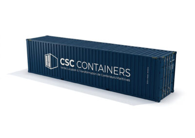 Container maritime 40 pieds High Cube dry CSC Containers bleu 76m3 hauteur 2,89m stockage logistique export transformation France