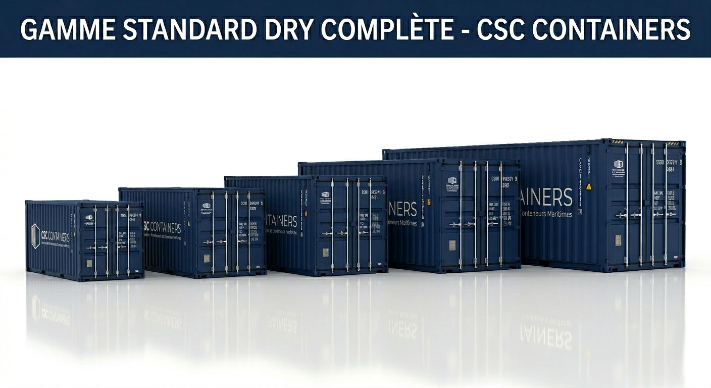 CSC_Conteneur_Maritime_Dry_Gamme_complete Gamme complète conteneurs maritimes dry CSC Containers - 10, 20, 30, 40 pieds standards et High Cube stockage transport